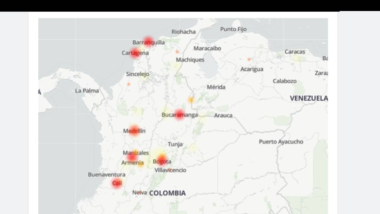 Mapa de Downdetector que muestra fallas de WhatsApp en Colombia