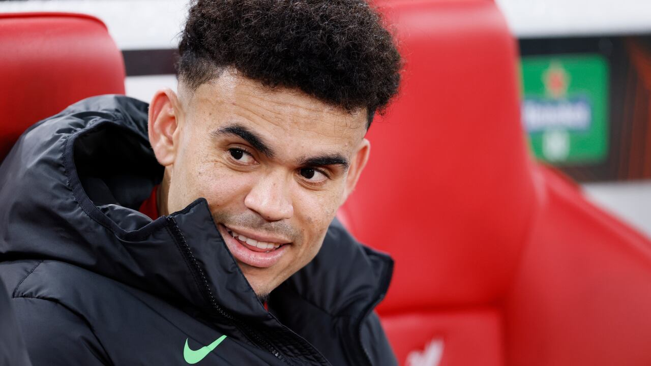 LIVERPOOL, ENGLAND - APRIL 11: Luis Diaz of Liverpool on the bench before the UEFA Europa League 2023/24 Quarter-Final first leg match between Liverpool FC and Atalanta at Anfield on April 11, 2024 in Liverpool, England. (Photo by Richard Sellers/Sportsphoto/Allstar via Getty Images)