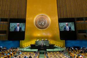 El primer ministro de Haití, Ariel Henry, pronuncia un discurso ante la 78va sesión de la Asamblea General de Naciones Unidas, en la sede de Naciones Unidas, el viernes 22 de septiembre de 2023. (AP Foto/Craig Ruttle)
