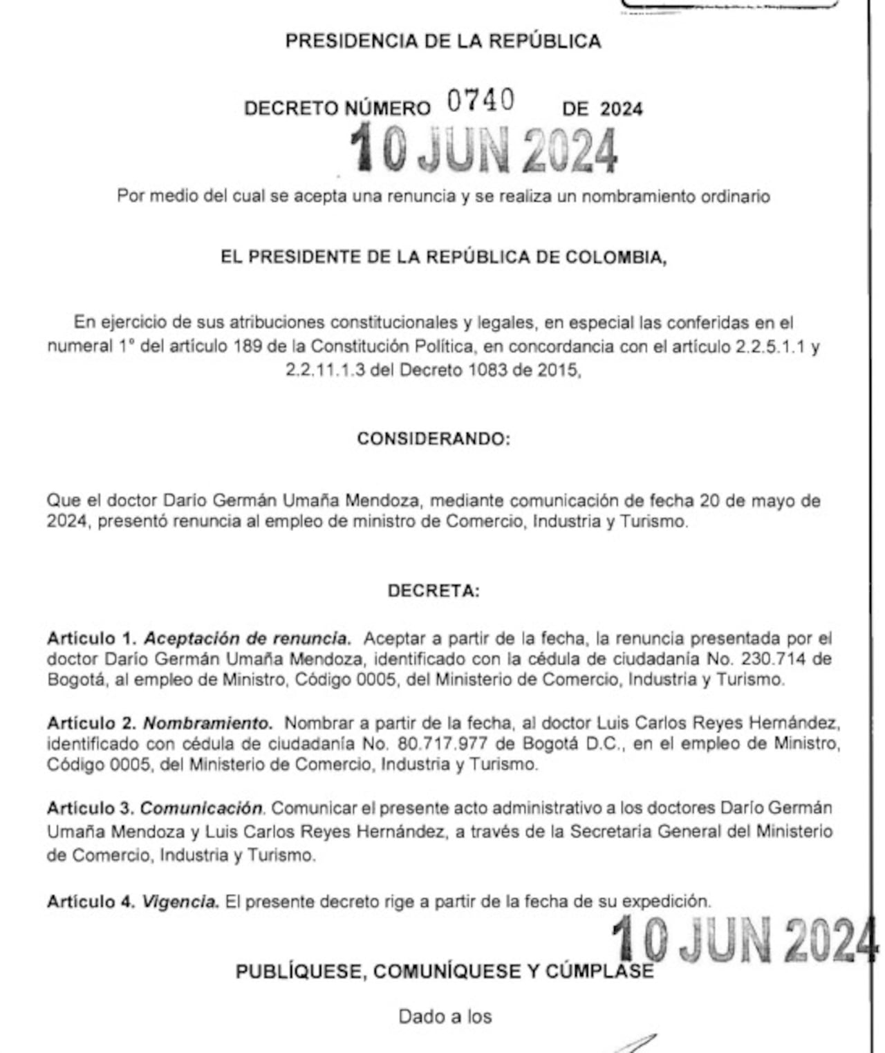 Decreto Presidencia nombramiento de Reyes como nuevo ministro de Comercio