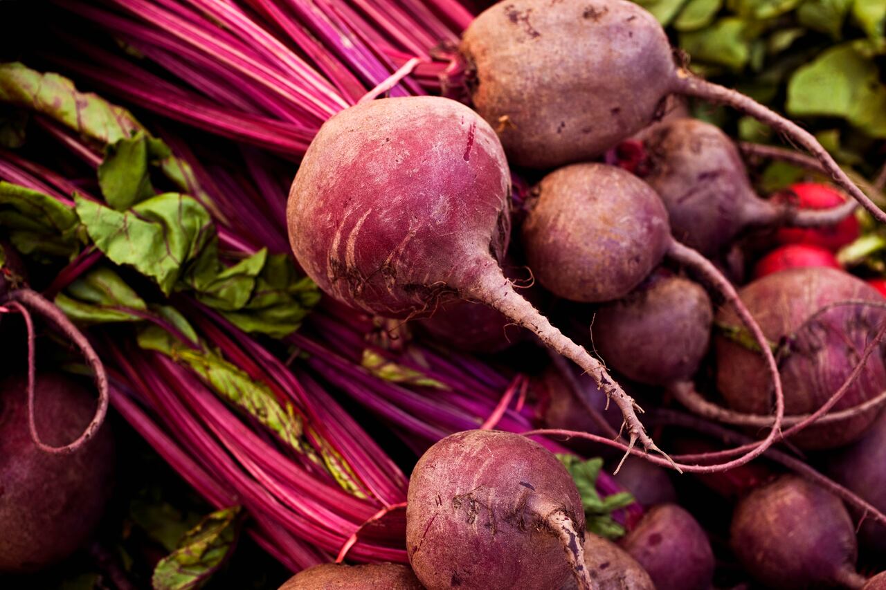 Beets at the farmers market, macro, shallow focus.