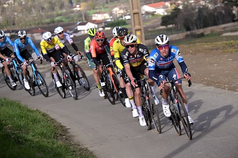 MONT BROUILLY, FRANCE - MARCH 06: (L-R) Egan Bernal of Colombia and Team INEOS Grenadiers, Remco Evenepoel of Belgium and Ilan Van Wilder of Belgium and Team Soudal - Quick Step compete during the 82nd Paris - Nice 2024, Stage 4 a 183km stage from Chalon-sur-Saône to Mont Brouilly 476m / #UCIWT / on March 06, 2024 in Mont Brouilly, France. (Photo by Bernard Papon - Pool/Getty Images)