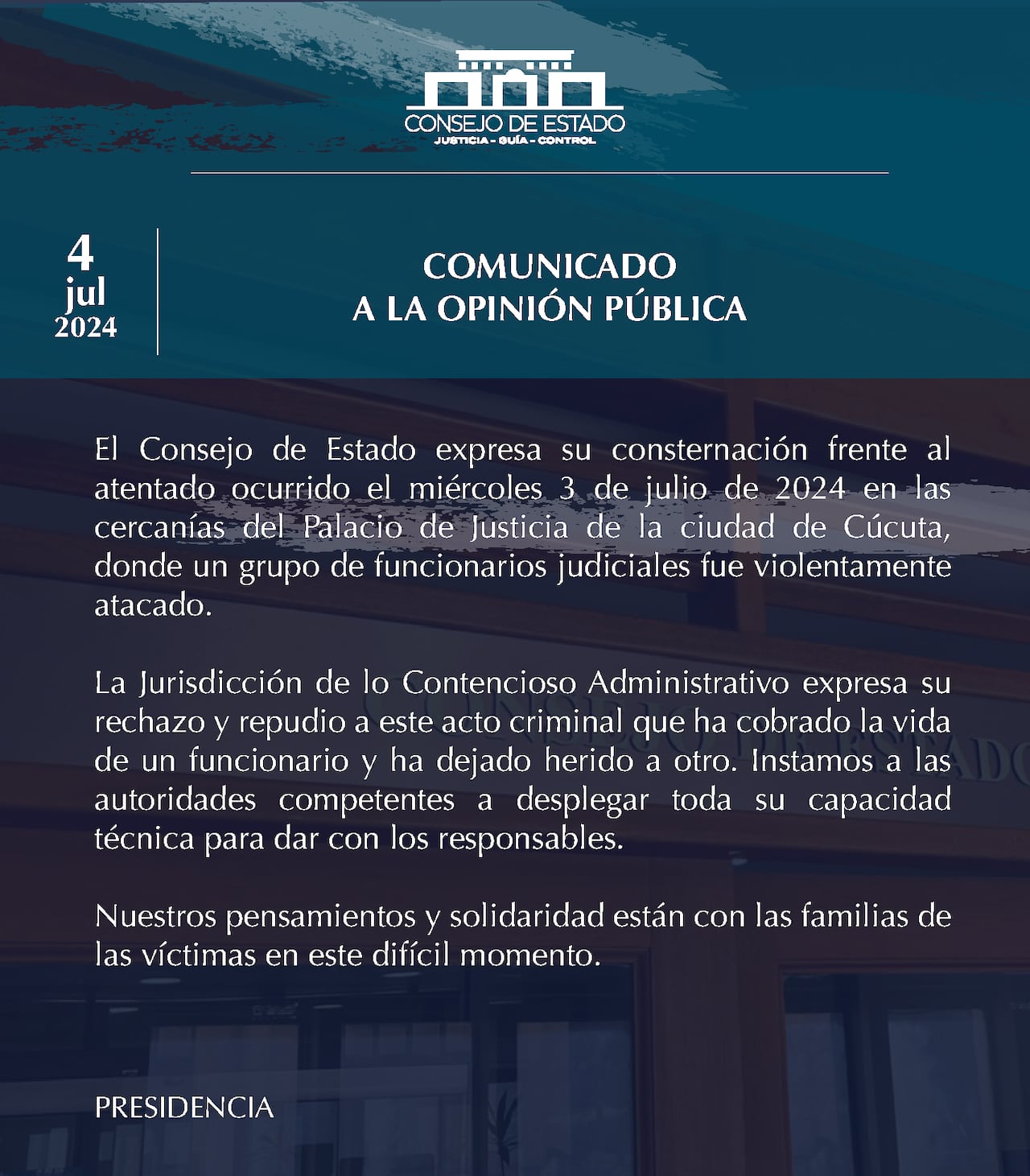 Comunicado del Consejo de Estado rechazando el asesinato en Cúcuta.