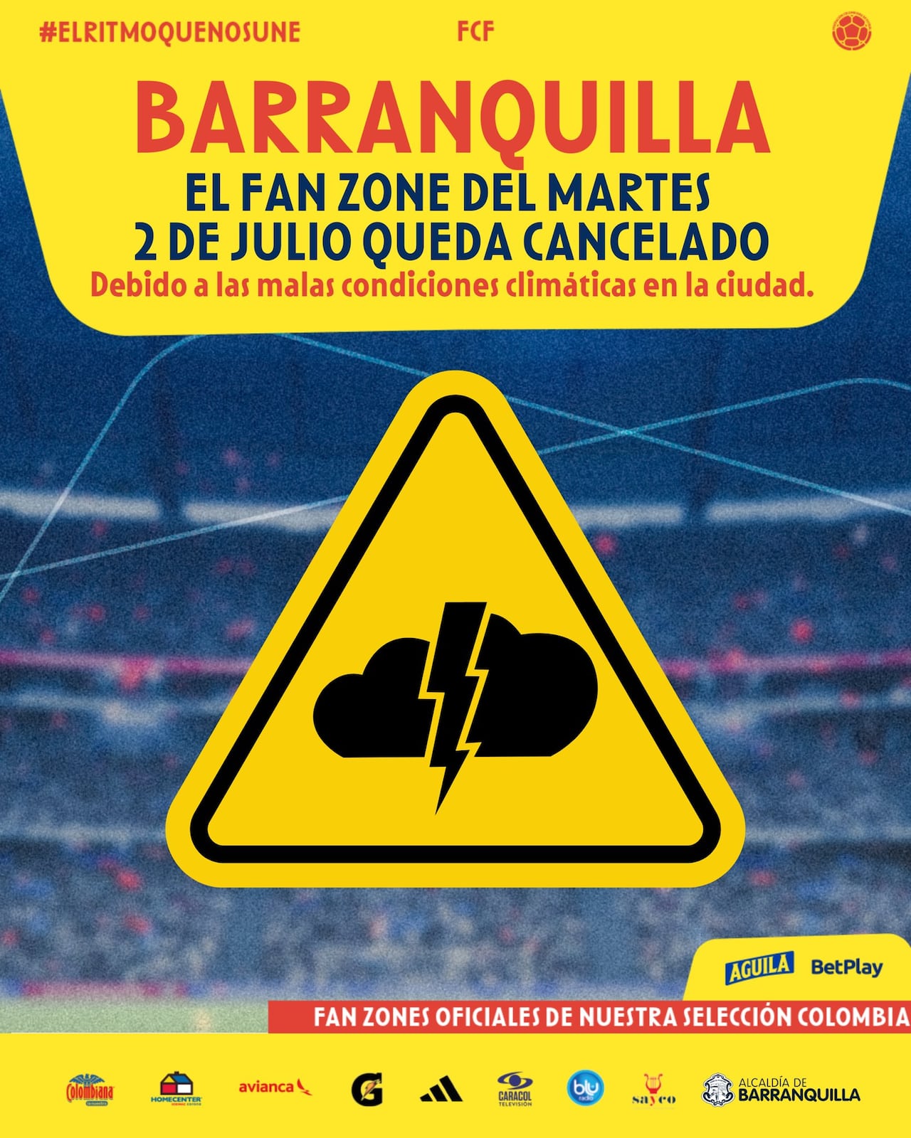 FCF anuncia que se cancela en 'Fan Zone' programado para este 2 de julio en el Gran Malecón de Barranquilla.