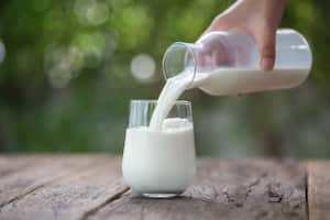 Verter leche en el vaso en el fondo de la naturaleza