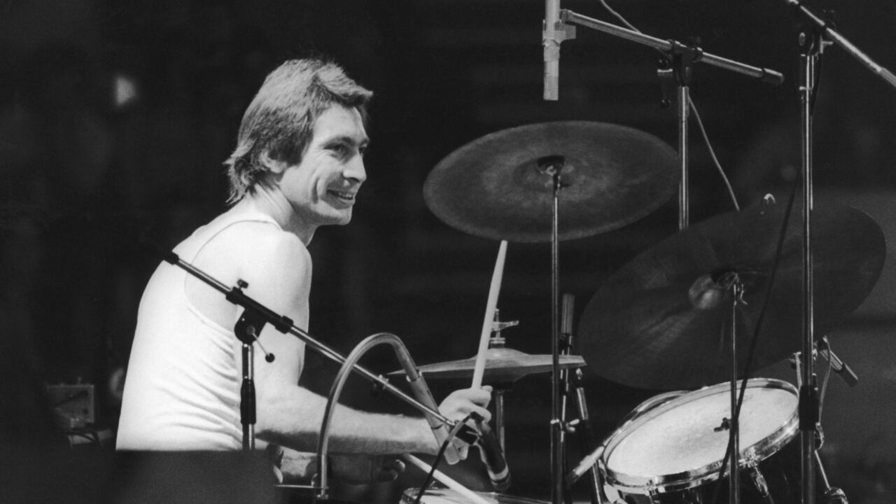 Drummer Charlie Watts of the Rolling Stones, at a British concert and sporting a new David Bowie style feather cut. (Photo by Daily Express/Hulton Archive/Getty Images)
