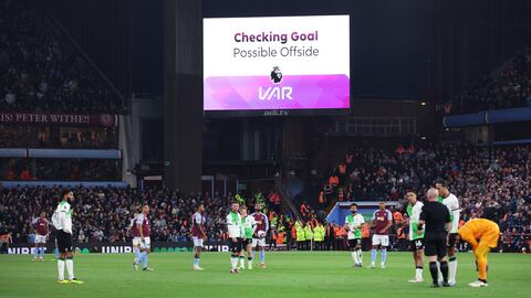 BIRMINGHAM, ENGLAND - MAY 13:  VAR checks and disallows a goal by Ollie Watkins of Aston Villa during the Premier League match between Aston Villa and Liverpool FC at Villa Park on May 13, 2024 in Birmingham, England. (Photo by Alex Livesey - Danehouse/Getty Images)