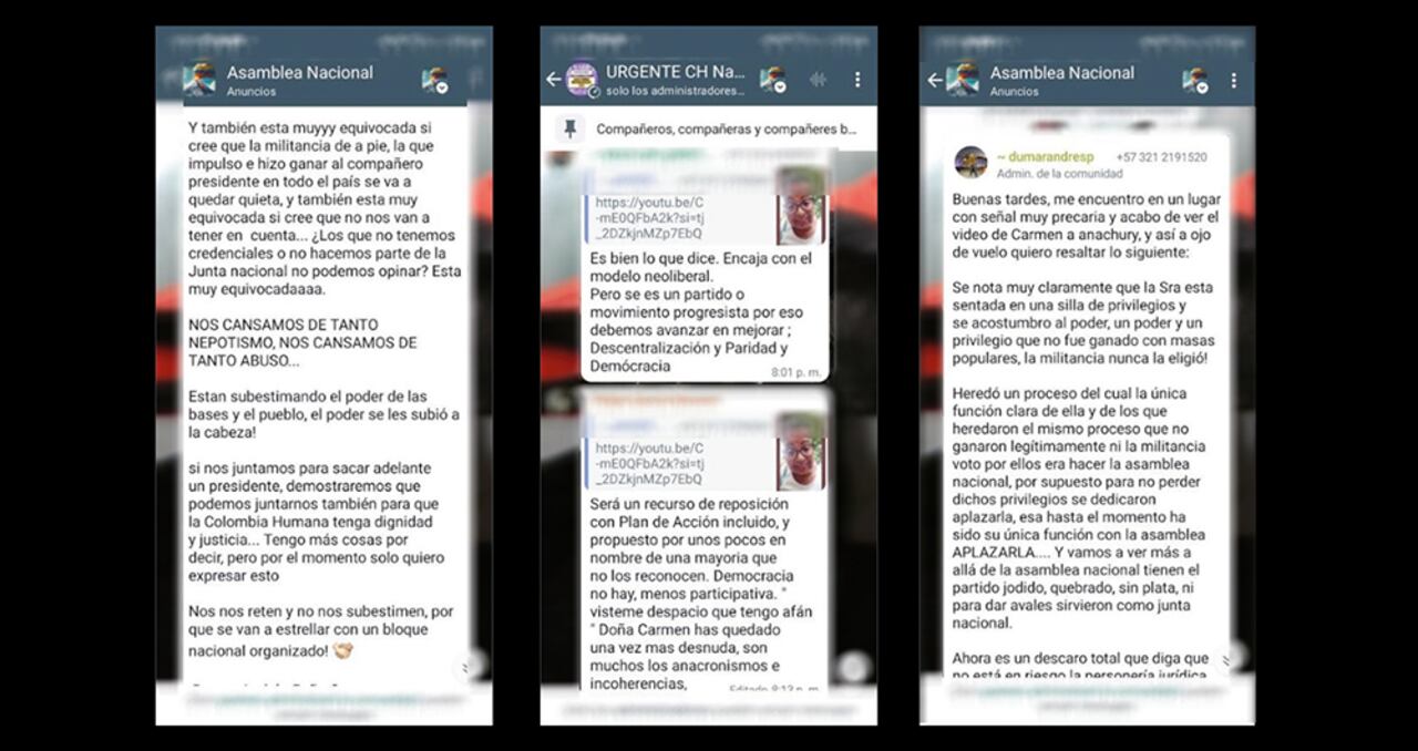     Varios chats de militantes de la Colombia Humana muestran el rechazo por los directivos, especialmente por la secretaria general, Carmen Anachury.