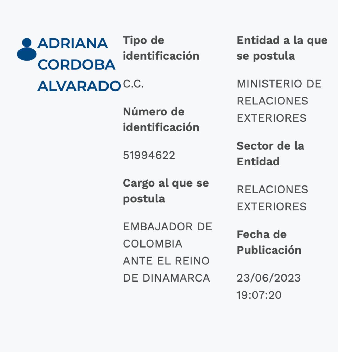 Hoja de vida de Adriana Córdoba se encuentra publicada en Aspirantes de la Presidencia de la República.