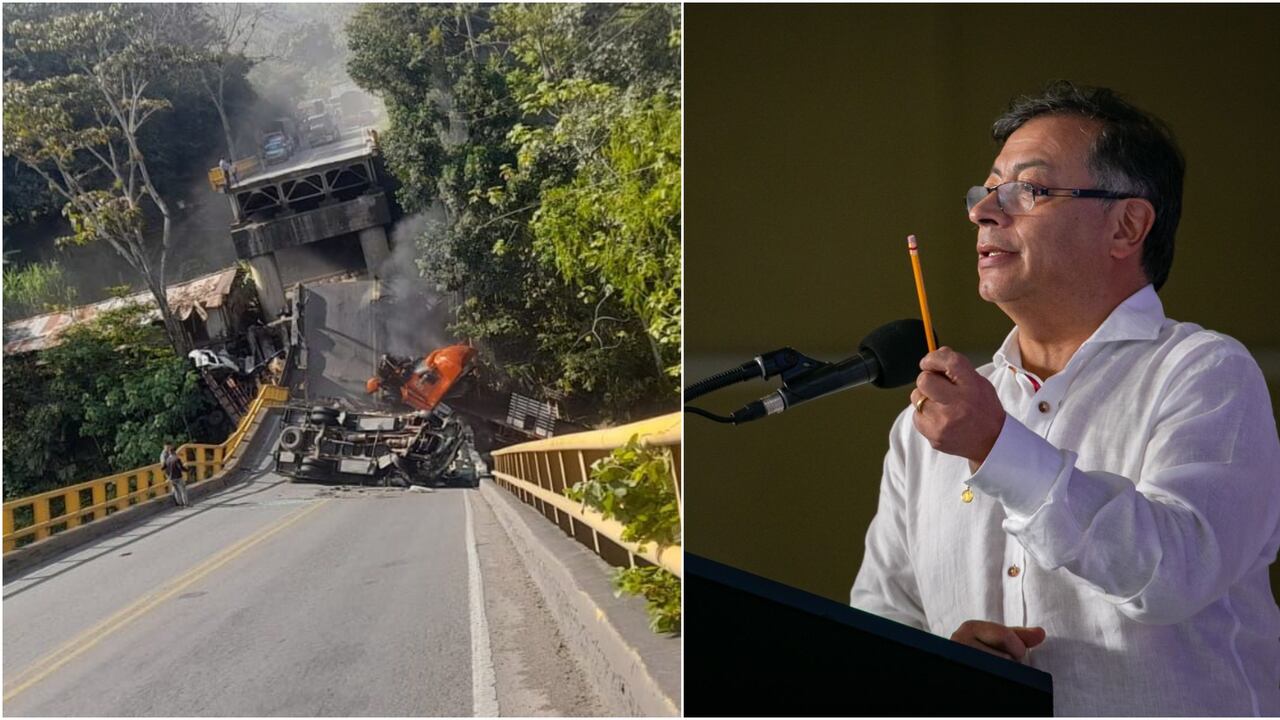 Presidente Gustavo Petro y el puente colapsado sobre el río La Vieja