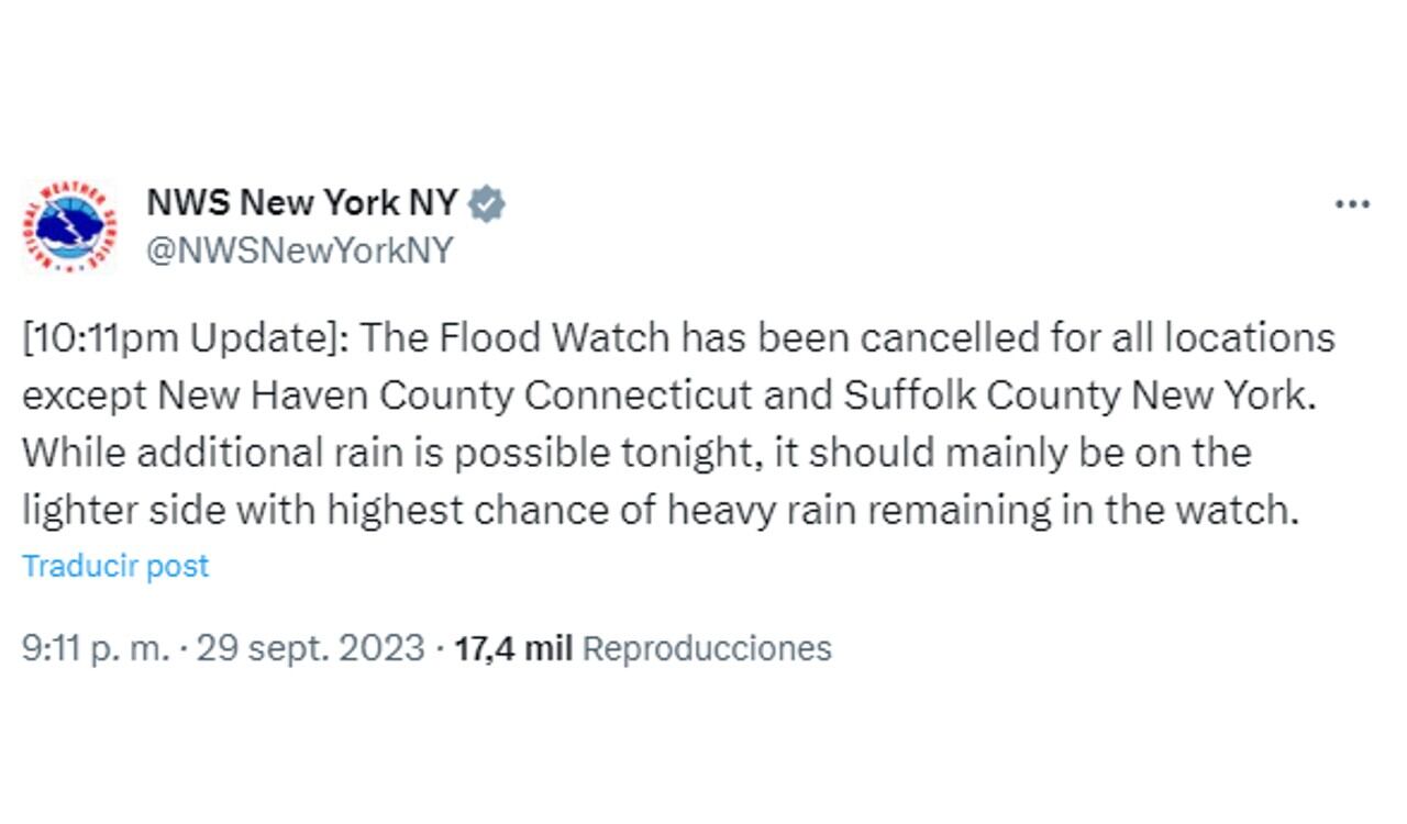 Así reportó el NWS el levantamiento de la emergencia por las lluvias en Nueva York
