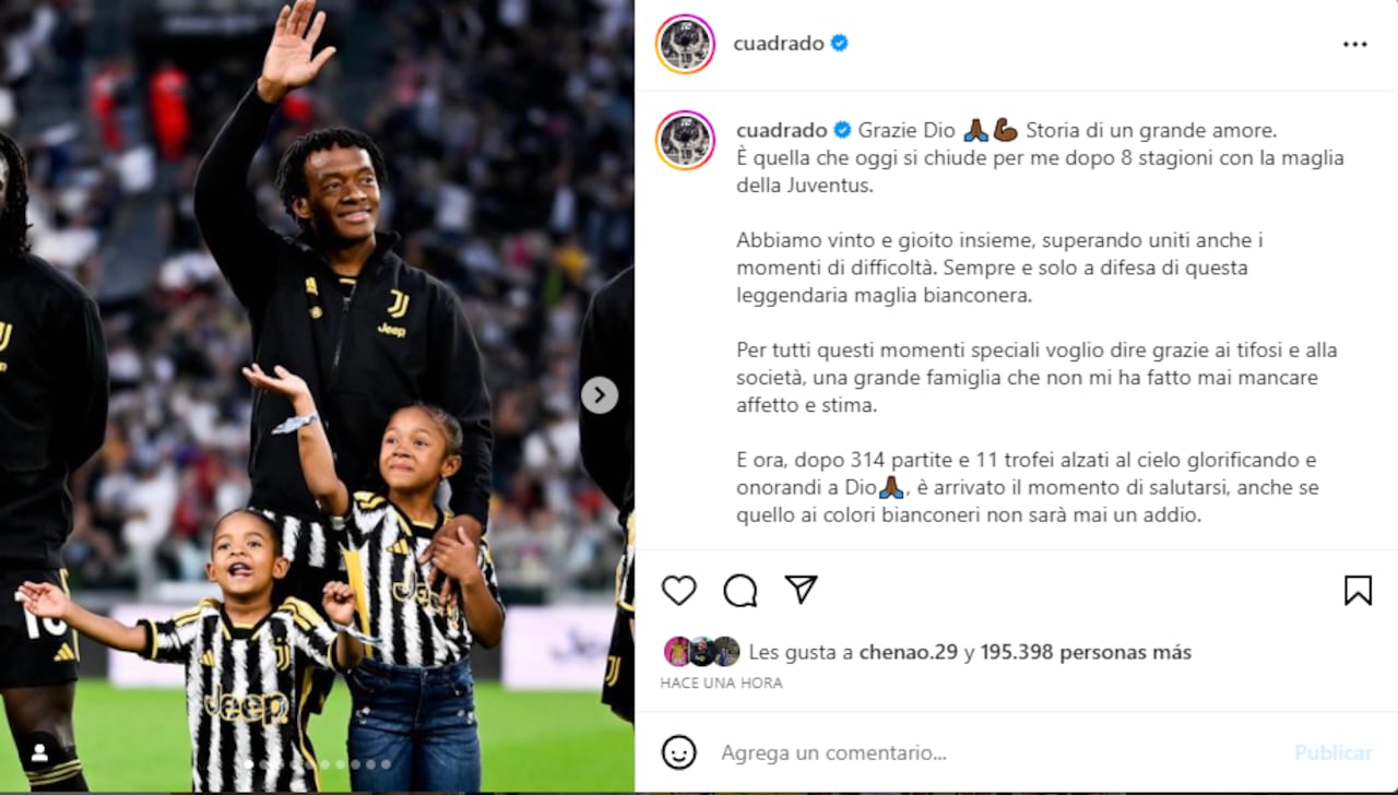 Cuadrado dedicó un posteo en Instagram escrito en italiano.