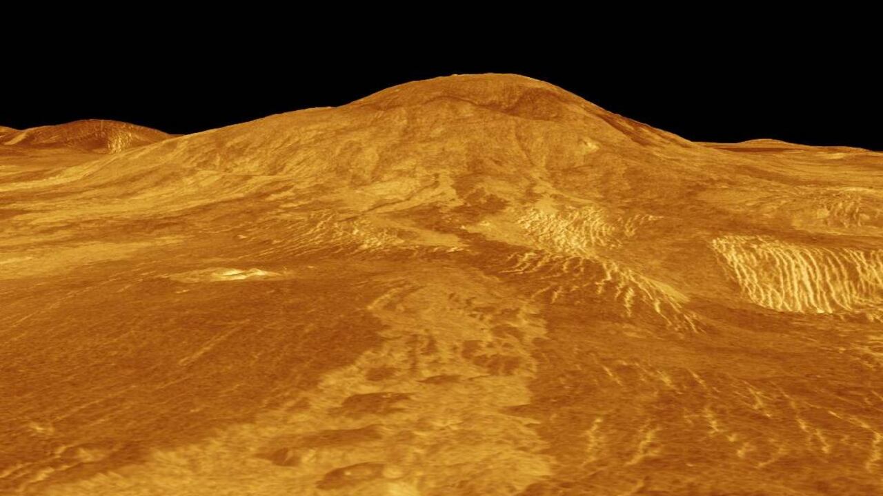 Un modelo 3D generado por computadora de la superficie de Venus muestra el volcán Sif Mons