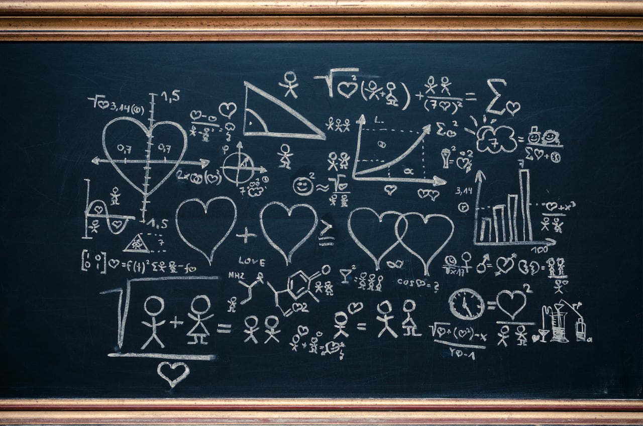 Fórmula matemática del amor escrita en un tablero.