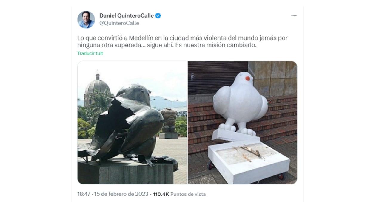 Trino de Daniel Quintero sobre destrucción de 'paloma de la paz' en Medellín.