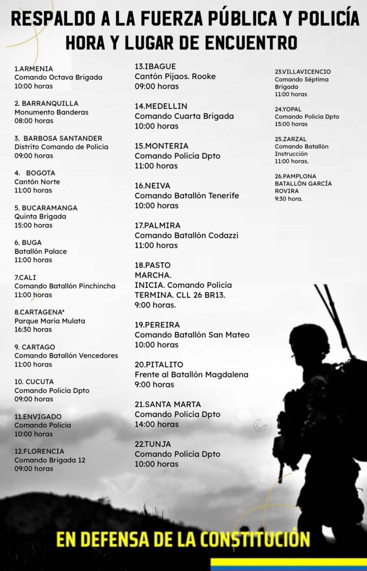 Description: Plantón nacional en apoyo a soldados y policías de Colombia será el 26 de mayo; estos son los puntos de concentración y horarios
