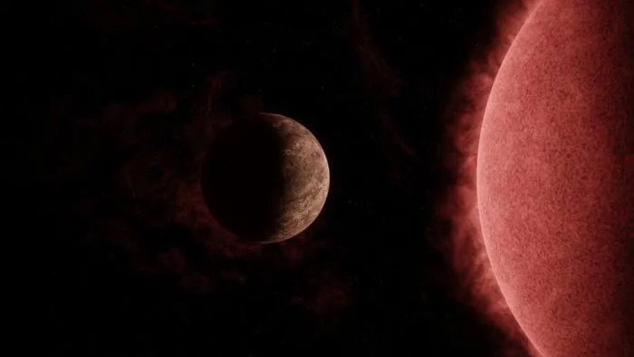 Concepto artístico del recién descubierto exoplaneta del tamaño de la Tierra SPECULOOS-3 b orbitando su estrella enana roja.
