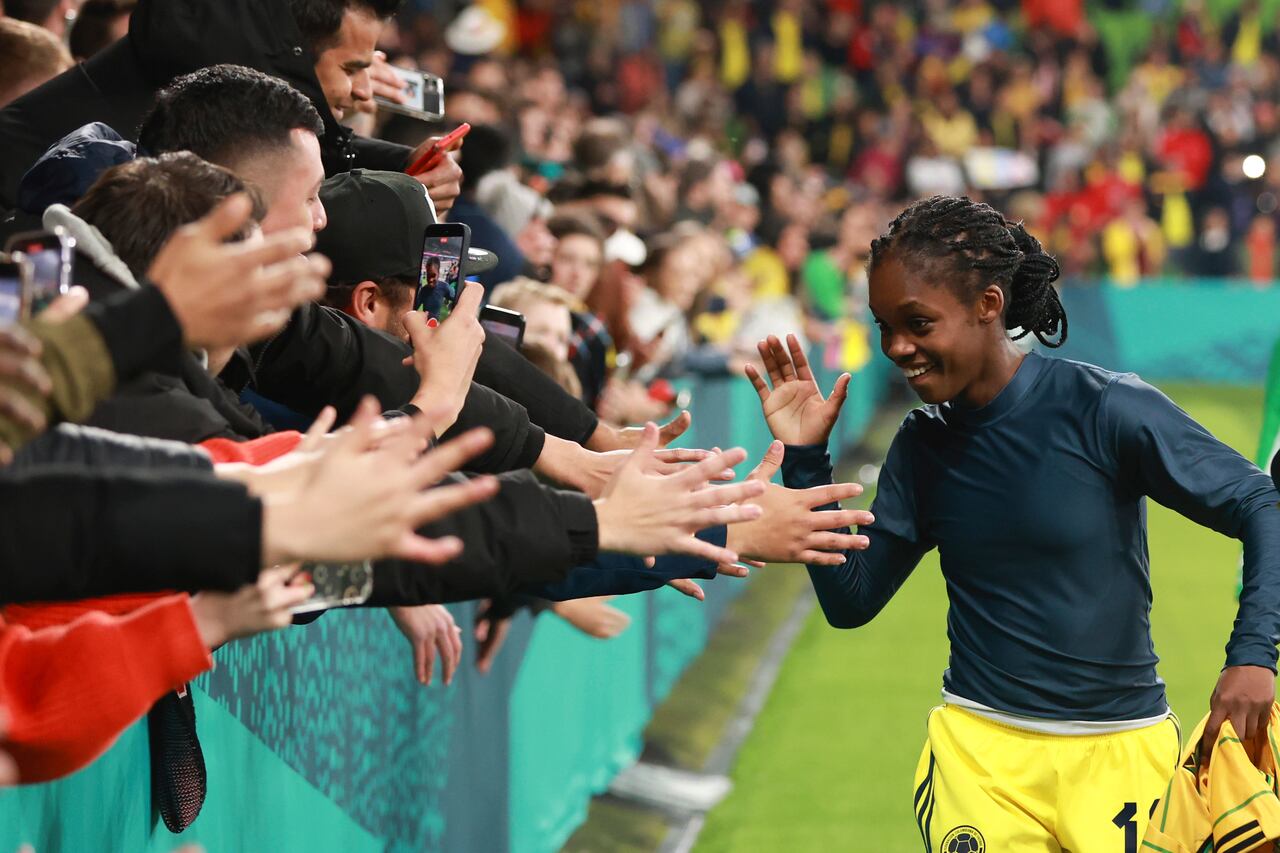 Colombia's Linda Caicedo celebrates at the end of the Women's World Cup round of 16 soccer match between Jamaica and Colombia in Melbourne, Australia, Tuesday, Aug. 8, 2023. (AP Photo/Hamish Blair)