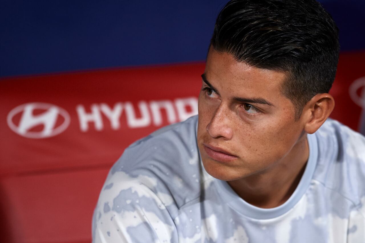 James Rodriguez of Real Madrid sitting on the bench during the Liga match between Club Atletico de Madrid and Real Madrid CF at Wanda Metropolitano on September 29, 2019 in Madrid, Spain. (Photo by Jose Breton/Pics Action/NurPhoto via Getty Images)