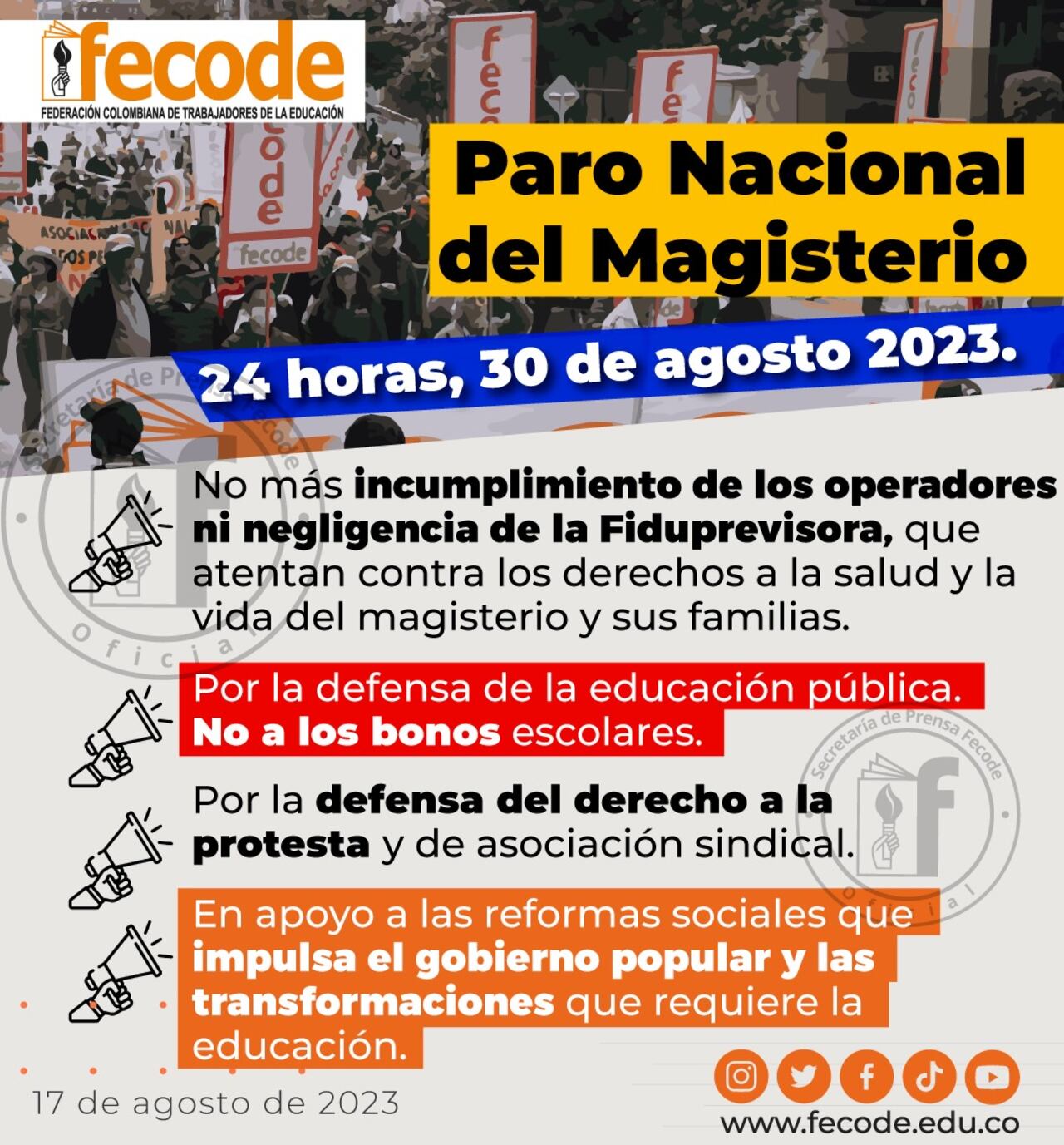 el gremio aseguró que otro de los objetivos del paro es hacer un llamado nacional para que el contrato del nuevo operador que prestará el servicio de salud al magisterio y que se firmará el próximo 1 de noviembre, cumpla a cabalidad.