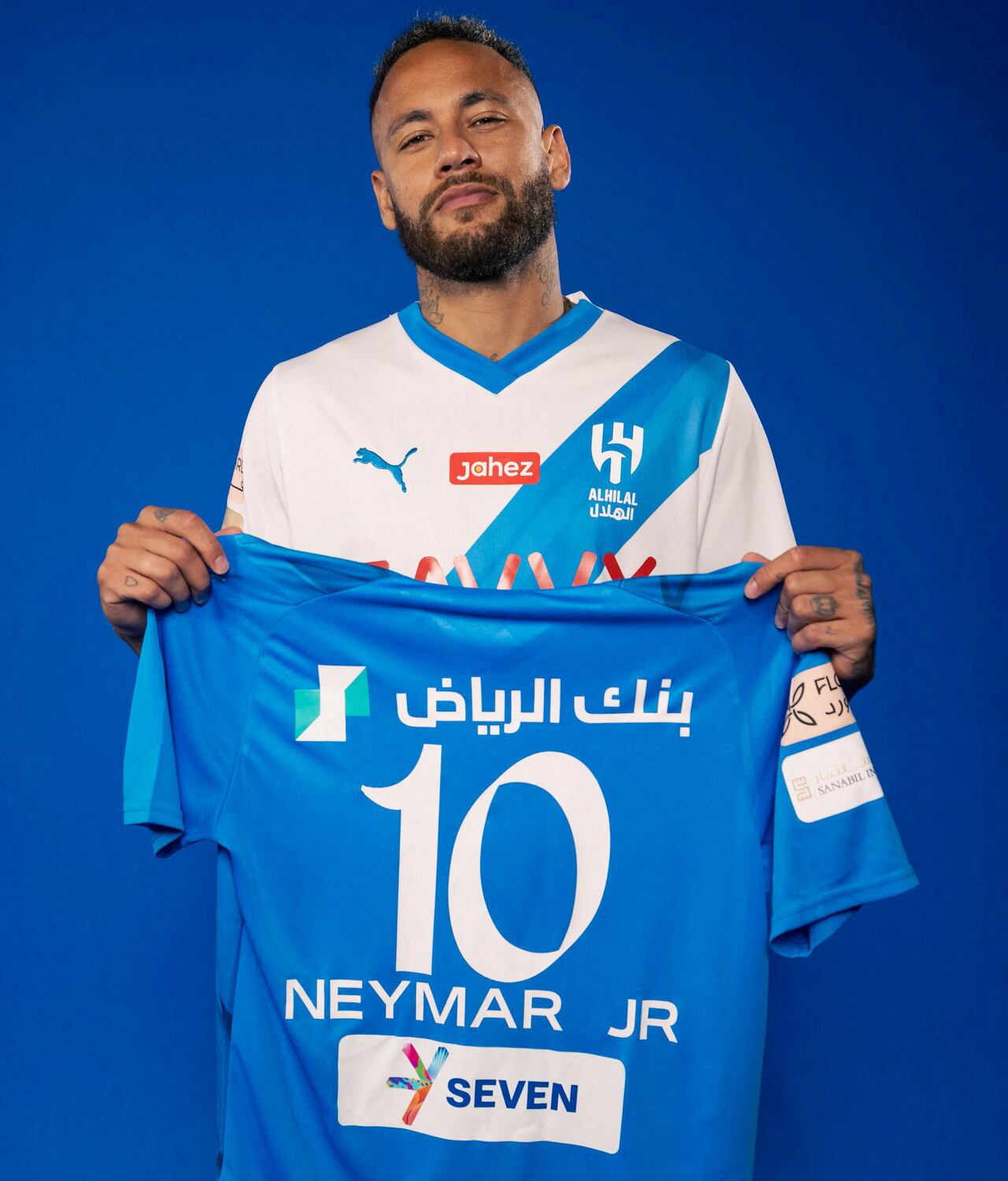 Soccer Football - Neymar signs for Al Hilal - Paris, France - August 15, 2023 Al Hilal's new signing Neymar poses in their shirt after signing Al Hilal Sports Club/Handout via REUTERS??ATTENTION EDITORS - THIS IMAGE HAS BEEN SUPPLIED BY A THIRD PARTY. NO RESALES. NO ARCHIVES
