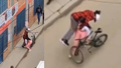 Mujer sorprendió al cargar hombre y bicicleta al mismo tiempo.