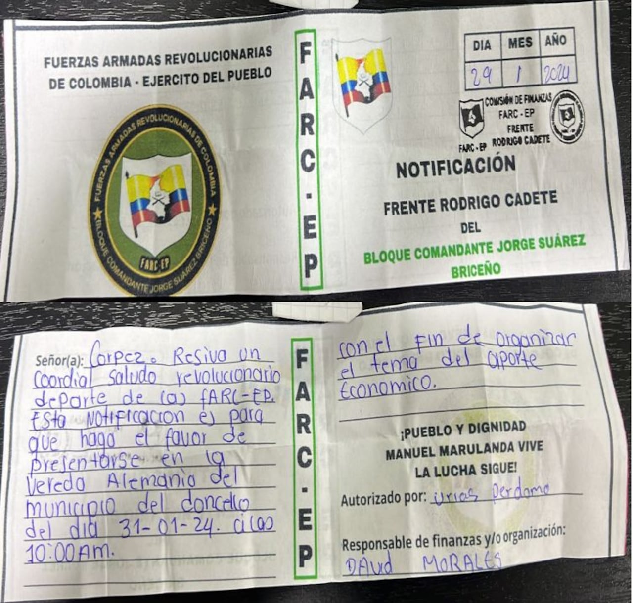 Los panfletos que autorizaba alias David Morales de las disidencias de las Farc en el Caquetá.