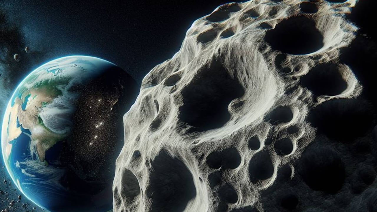 Ilustración creada con IA de un enorme asteroide que se acerca a la Tierra.