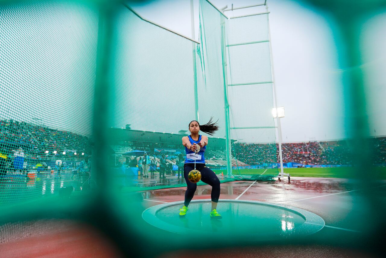 SANTIAGO, CHILE - NOVEMBER 1: Mayra Gaviria of Colombia competes during the Women's Hammer Throw Final at Coliseo del Estadio Nacional Julio Martinez on Day 12 of Santiago 2023 Pan Am Games on November 1, 2023 in Santiago, Chile. (Photo by Jam Media/Getty Images)