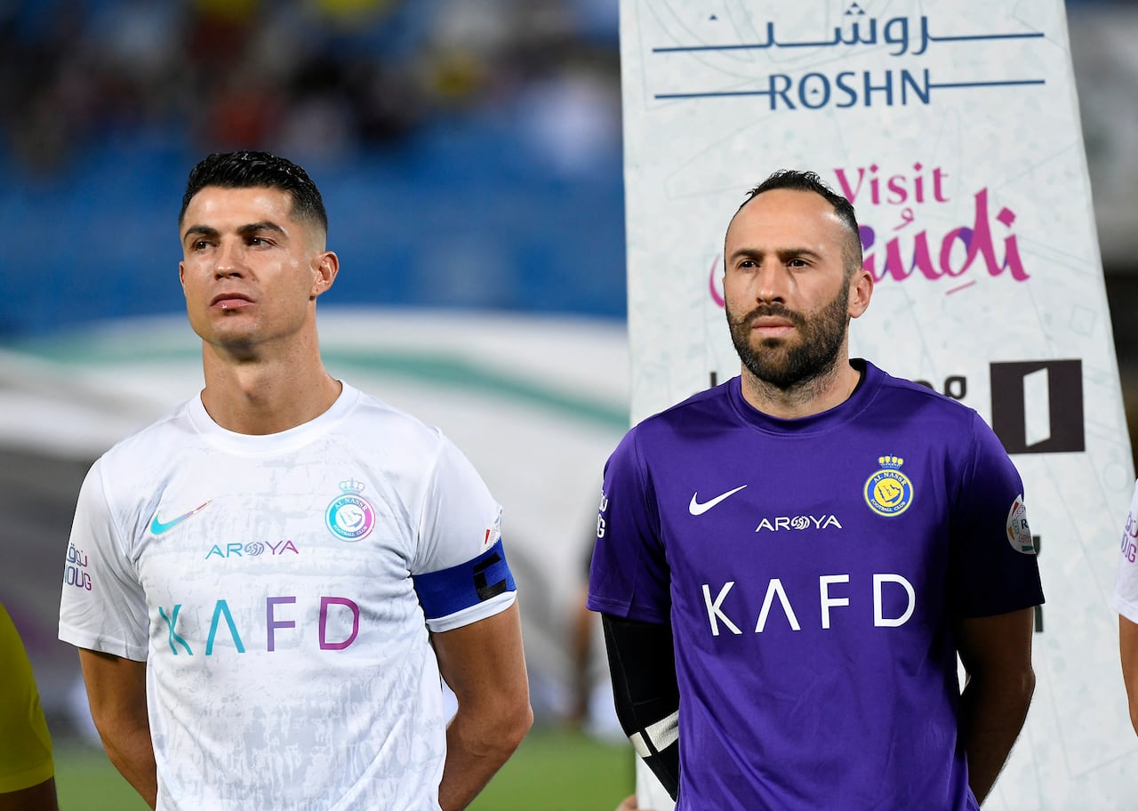 Soccer Football - Saudi Pro League - Al Riyadh v Al Nassr - Prince Faisal bin Fahd Stadium, Riyadh, Saudi Arabia - May 23, 2024 Al Nassr's Cristiano Ronaldo and David Ospina line up before the match REUTERS/Stringer