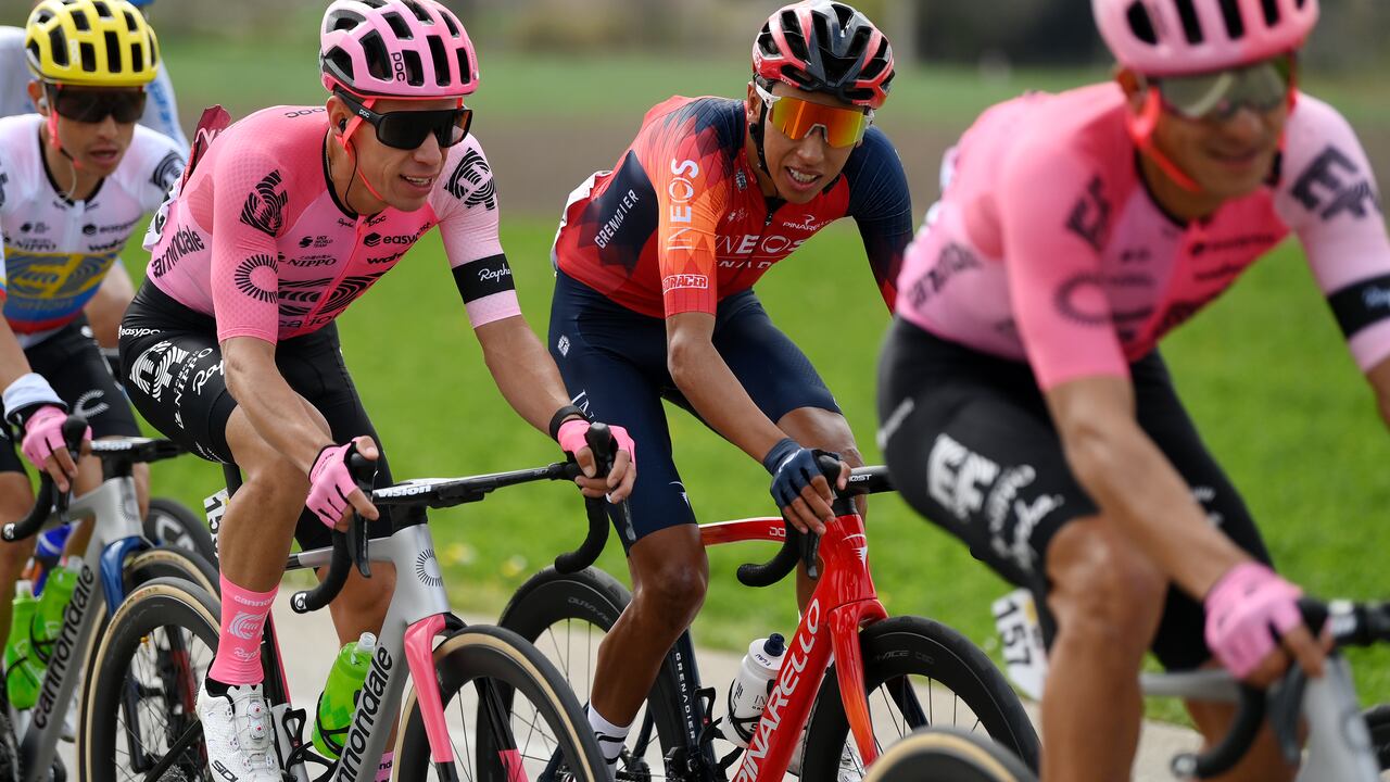 SANT FELIU DE GUIXOLS, SPAIN - MARCH 20: (L-R) Rigoberto Uran of Colombia and Team EF Education-Easypost and Egan Bernal of Colombia and Team INEOS Grenadiers compete during the 102nd Volta Ciclista a Catalunya 2023, Stage 1 a 164.6km stage from Sant Feliu de Guíxols to Sant Feliu de Guíxols / #VoltaCatalunya102 / on March 20, 2023 in Sant Feliu de Guixols, Spain. (Photo by David Ramos/Getty Images)