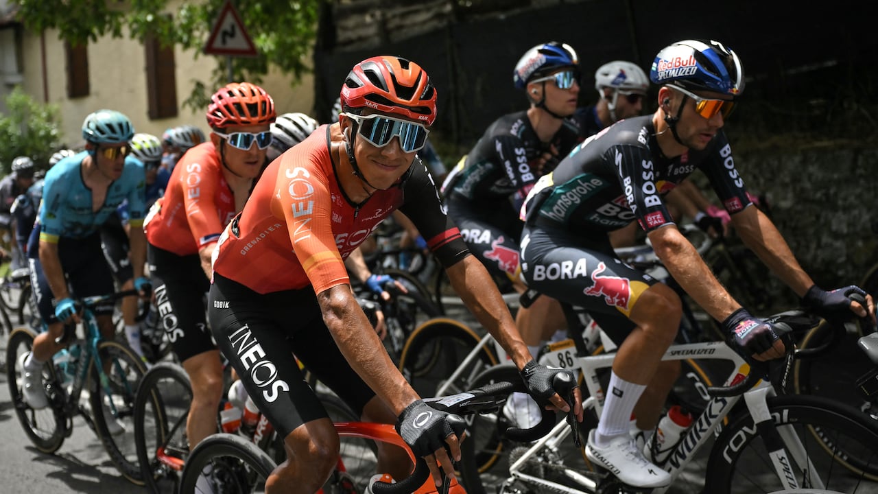 INEOS Grenadiers team's Colombian rider Egan Bernal (C) cycles during the 1st stage of the 111th edition of the Tour de France cycling race, 206 km between Florence and Rimini, in Italy, on June 29, 2024. (Photo by Marco BERTORELLO / AFP)
