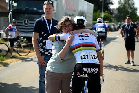 OBERWIL-LIELI, SWITZERLAND - JUNE 16: Gino Mäder mother Heidi Mäder receives condolences from Remco Evenepoel of Belgium and Team Soudal Quick-Step during the "Gino Memorial Ride" after the cancelation of the stage 6 due to the death of Gino Mäder of Switzerland and Team Bahrain Victorious after the crash suffered in yesterday's stage / #UCIWT / on June 16, 2023 in Oberwil-Lieli, Switzerland. (Photo by Dario Belingheri/Getty Images)
