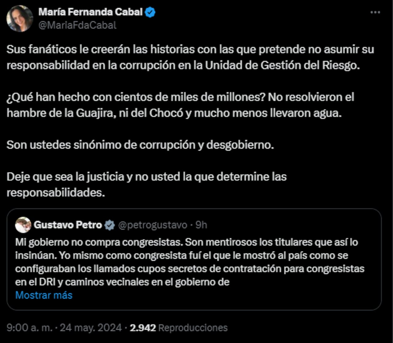 Respuesta de la senadora María Fernanda Cabal al presidente Gustavo Petro.