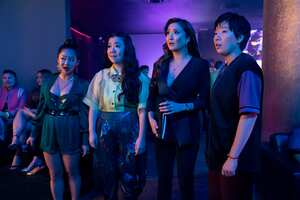 Stephanie Hsu as Kat, Sherry Cola as Lolo, Ashley Park as Audrey, and Sabrina Wu as Deadeye in Joy Ride. Photo Credit: Ed Araquel