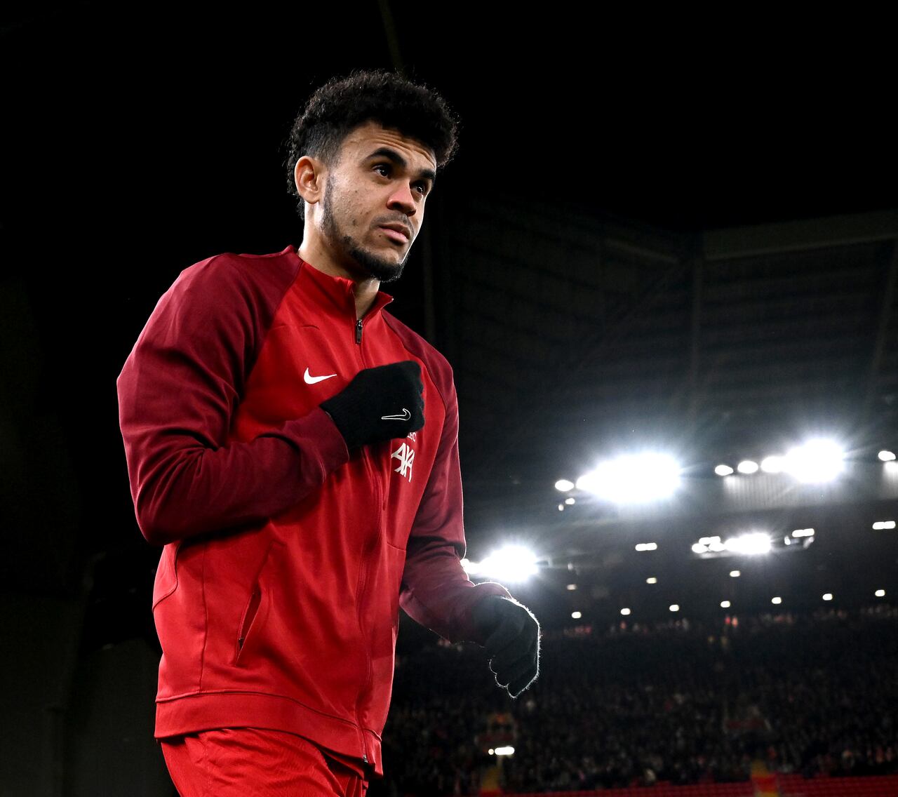 LIVERPOOL, ENGLAND - JANUARY 10: (THE SUN OUT, THE SUN ON SUNDAY OUT) Luis Diaz of Liverpool walking out before the Carabao Cup Semi Final First Leg match between Liverpool and Fulham at Anfield on January 10, 2024 in Liverpool, England. (Photo by Andrew Powell/Liverpool FC via Getty Images)