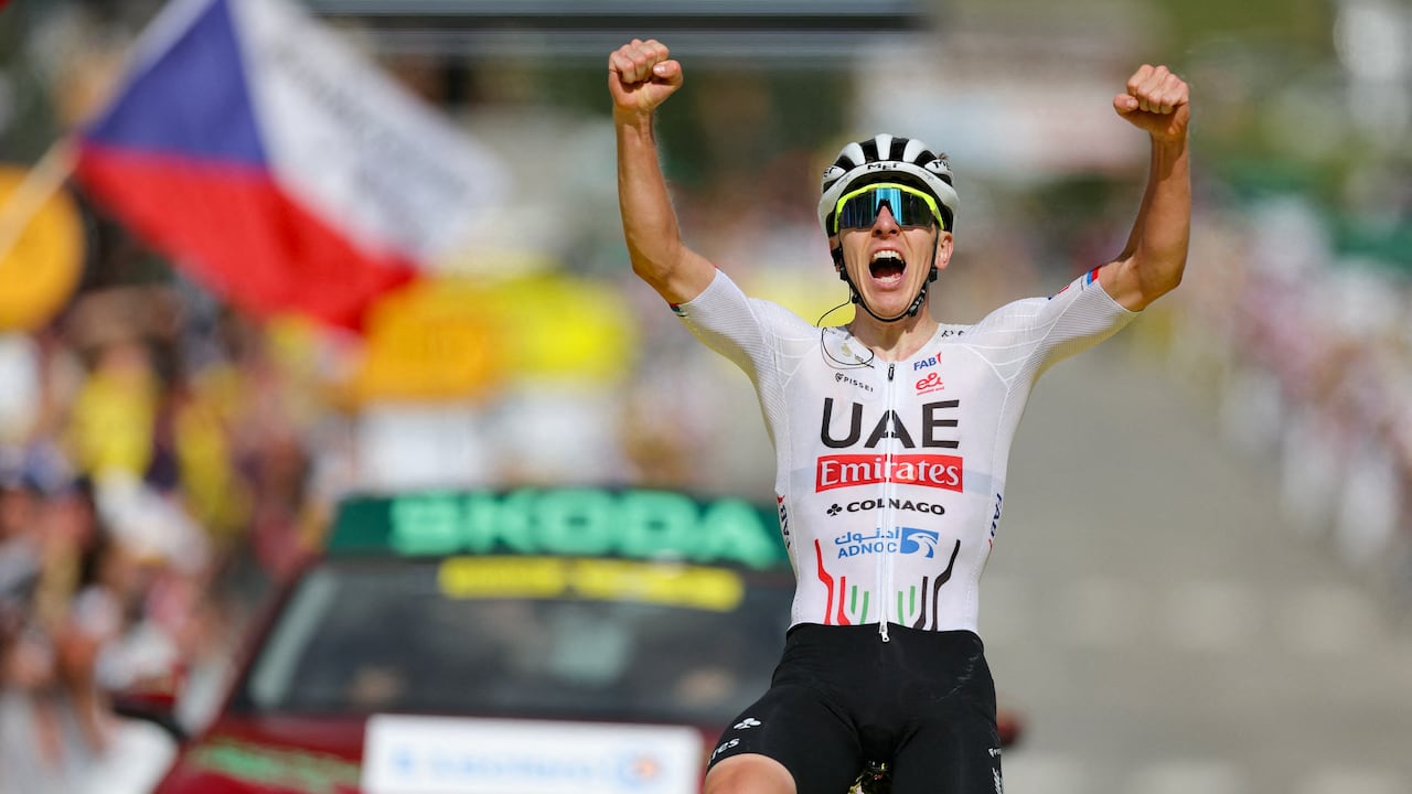 UAE Team Emirates team's Slovenian rider Tadej Pogacar cycles to the finish line to win the 4th stage of the 111th edition of the Tour de France cycling race, 140 km between Pinerolo in Italy, and Valloire in France, on July 2, 2024. (Photo by Thomas SAMSON / AFP)