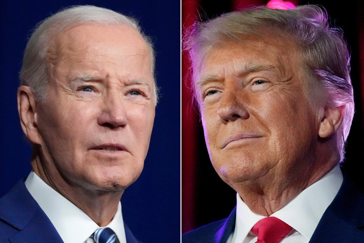 En esta combinación de fotografías, el presidente Joe Biden habla el 10 de agosto de 2023 en Salt Lake City; de izquierda a derecha, el expresidente Donald Trump habla el 8 de julio de 2023 en Las Vegas.