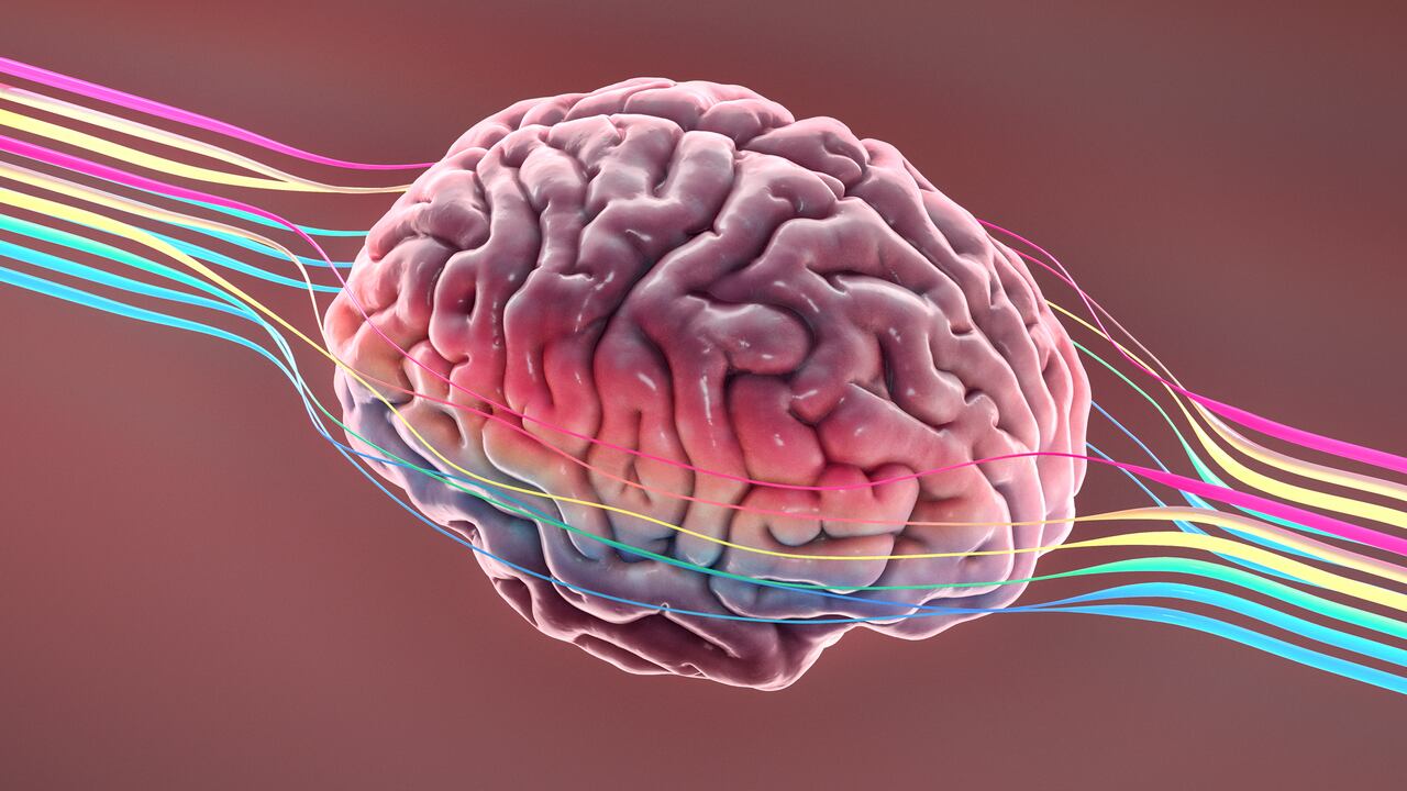 Un cerebro se sienta en el espacio con líneas de colores a su alrededor que representan pensamientos, ideas o creatividad