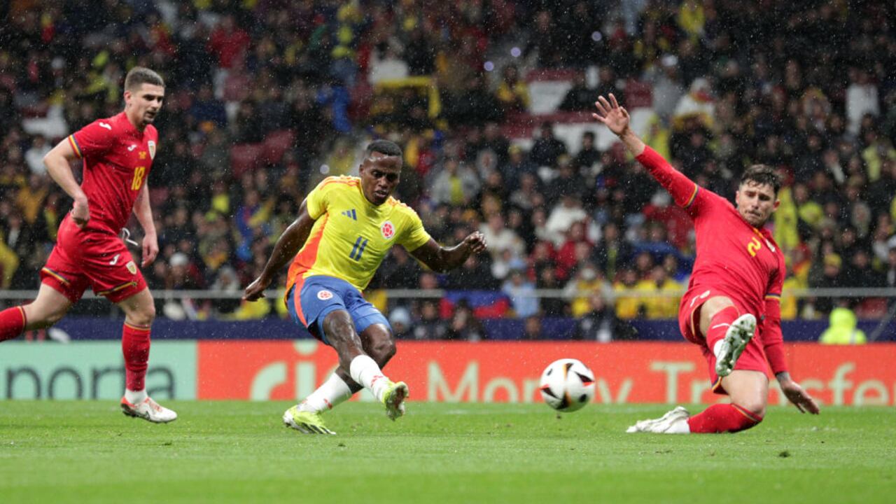 MADRID, SPAIN - MARCH 26: Jhon Arias of Colombia scores his team's second goal during the international friendly match between Romania and Colombia at Civitas Metropolitan Stadium on March 26, 2024 in Madrid, Spain.  (Photo by Gonzalo Arroyo Moreno/Getty Images)