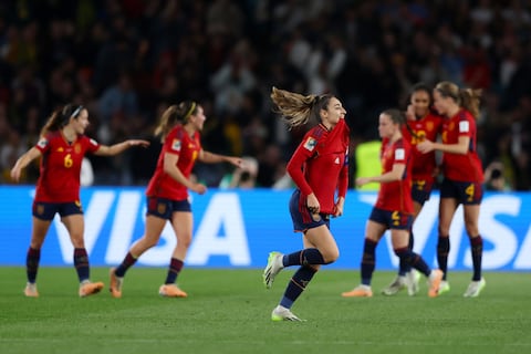 SYDNEY, AUSTRALIA - AUGUST 20: Olga Carmona of Spain celebrates after scoring her team's first goal during the FIFA Women's World Cup Australia & New Zealand 2023 Final match between Spain and England at Stadium Australia on August 20, 2023 in Sydney, Australia. (Photo by Robert Cianflone/Getty Images)