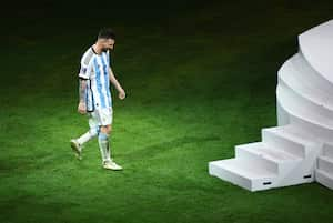 Soccer Football - FIFA World Cup Qatar 2022 - Final - Argentina v France - Lusail Stadium, Lusail, Qatar - December 18, 2022 Argentina's Lionel Messi during the trophy ceremony REUTERS/Bernadett Szabo