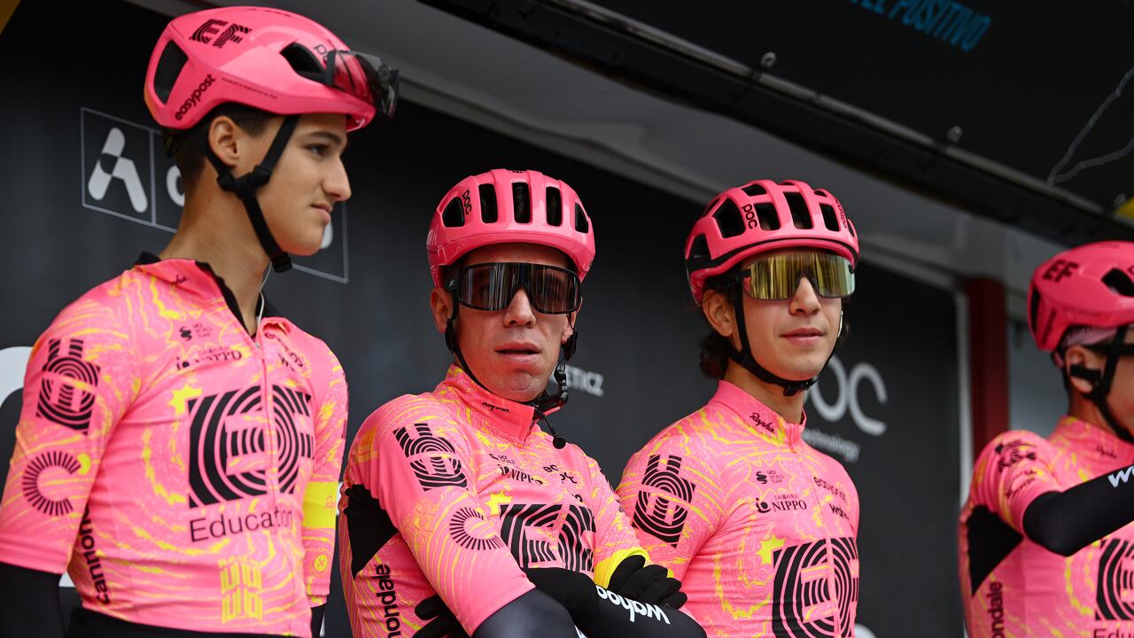 TABOADA, SPAIN - FEBRUARY 23: (L-R) Rigoberto Uran of Colombia and Andrea Piccolo of Italy and Team EF Education - EasyPost prior to 3rd O Gran Camiño - The Historical Route 2024, Stage 2 a 151.2km stage from Taboada to Chantada 481m on February 23, 2024 in Taboada, Spain. (Photo by Dario Belingheri/Getty Images)