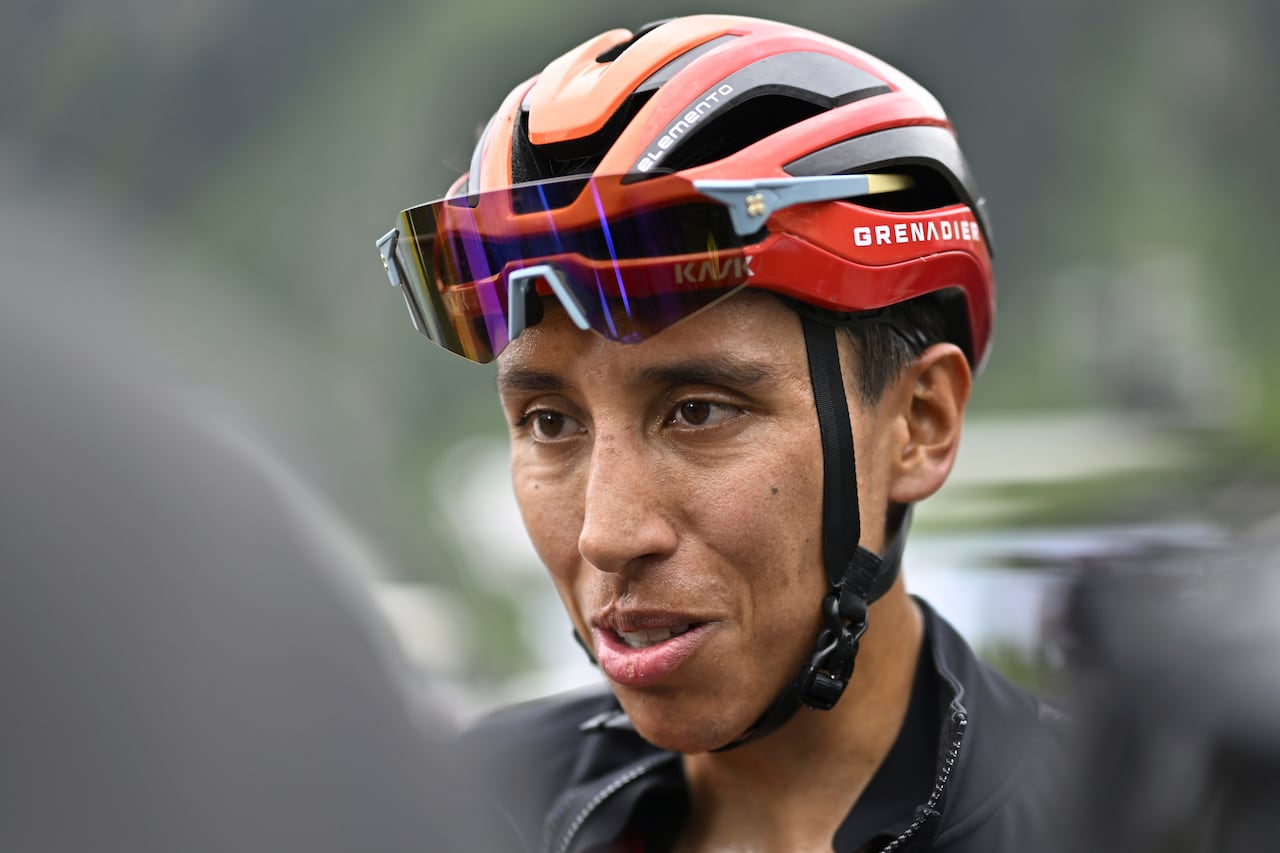 Bernal Egan, of Colombia, is shown after finishing the sixth stage of the 87th Tour de Suisse, a 42.5 km cycling race from Ulrichen to Blatten-Belalp, Switzerland, Friday, June 14, 2024. (Gian Ehrenzeller/Keystone via AP)