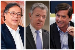 El presidente de Colombia, Gustavo Petro, el expresidente Juan Manuel Santos y el nuevo ministro del Interior, Juan Fernando Cristo.
