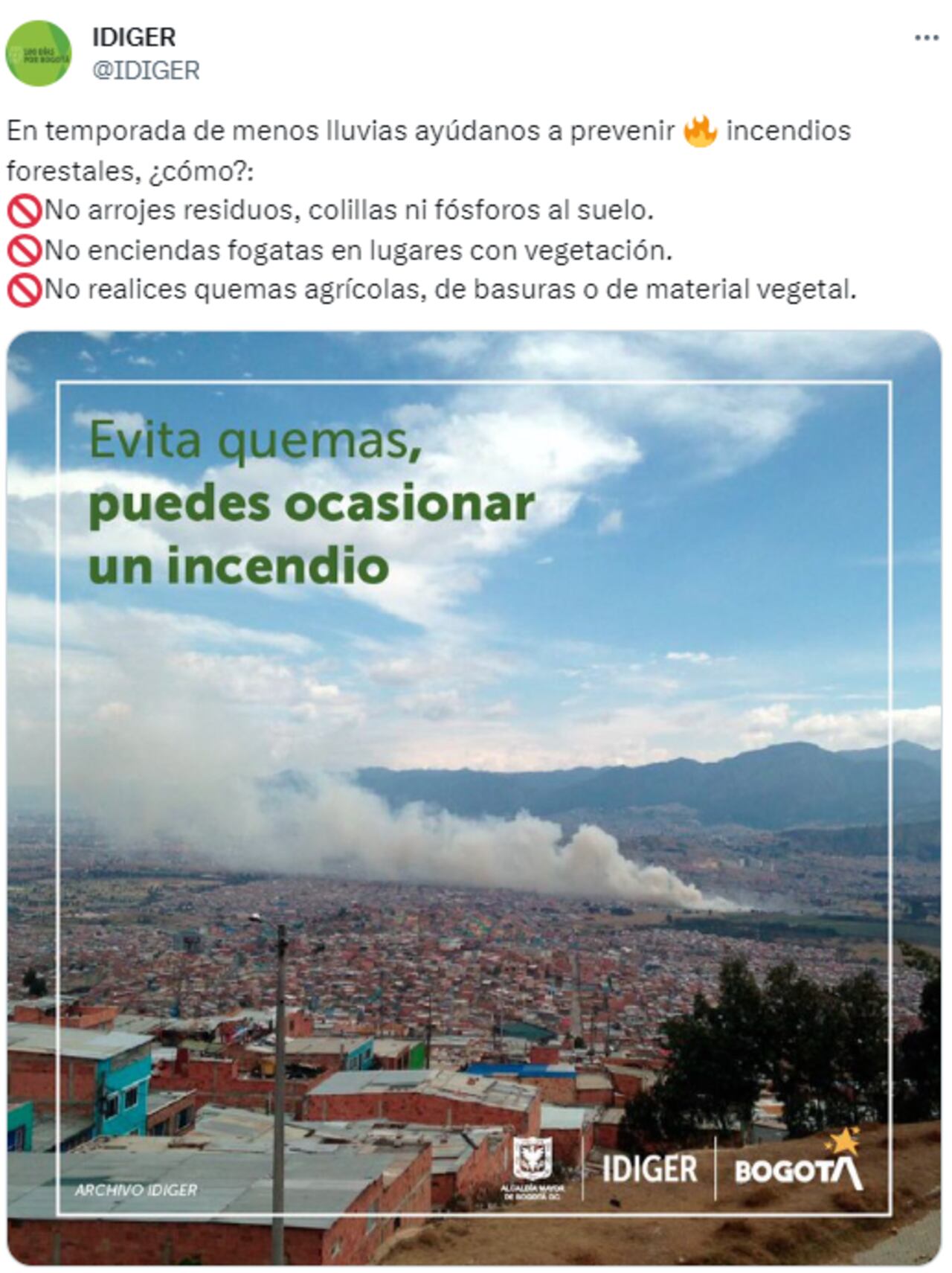 Idiger hace un llamado para evitar incendios por altas temperaturas en Bogotá
