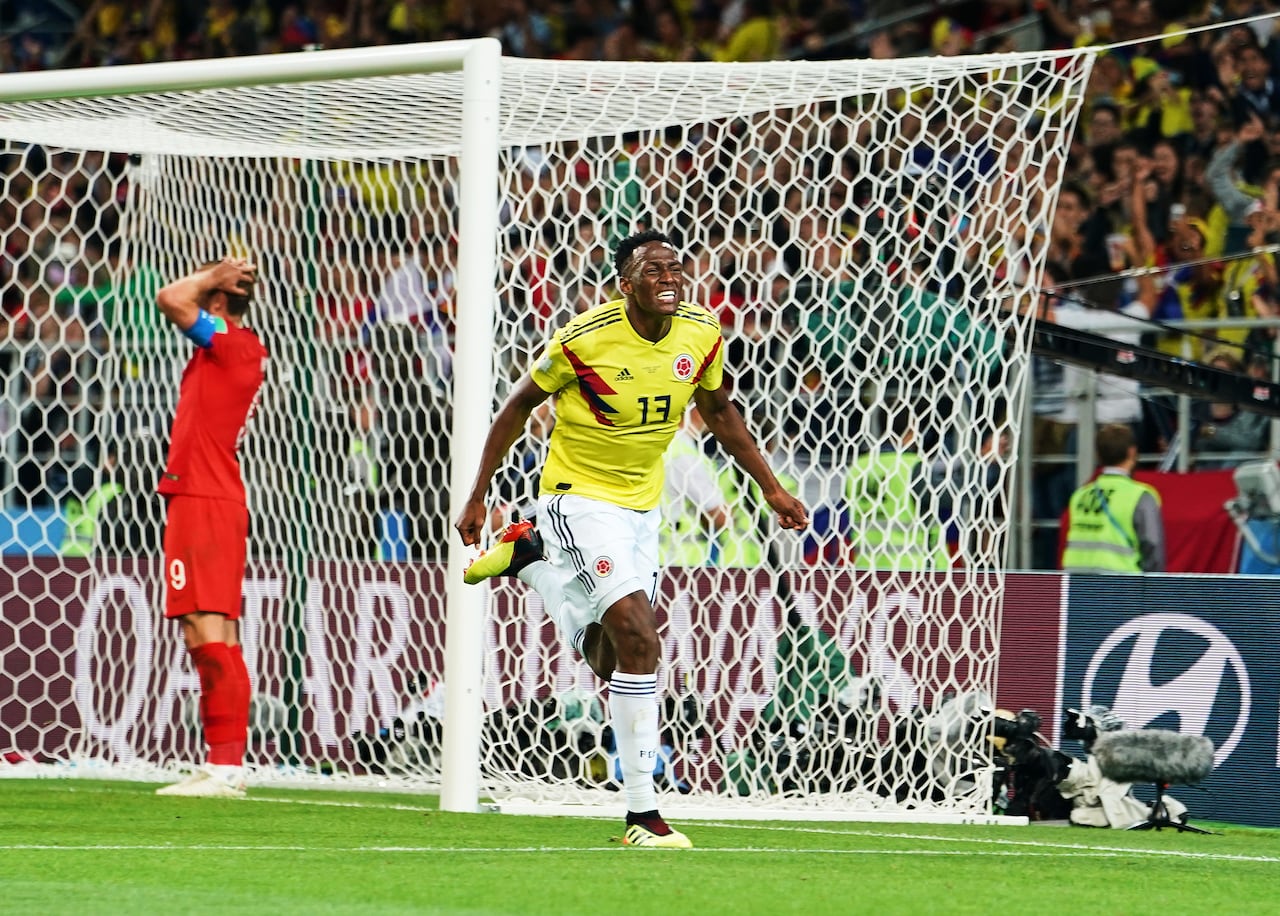 Yerry Mina of Colombia scoring in the 90rd minute to 1-1   during the FIFA World Cup match England versus Colombia  at Spartak Stadium, Moscow, Russia on July 3, 2018. (Photo by Ulrik Pedersen/NurPhoto via Getty Images)