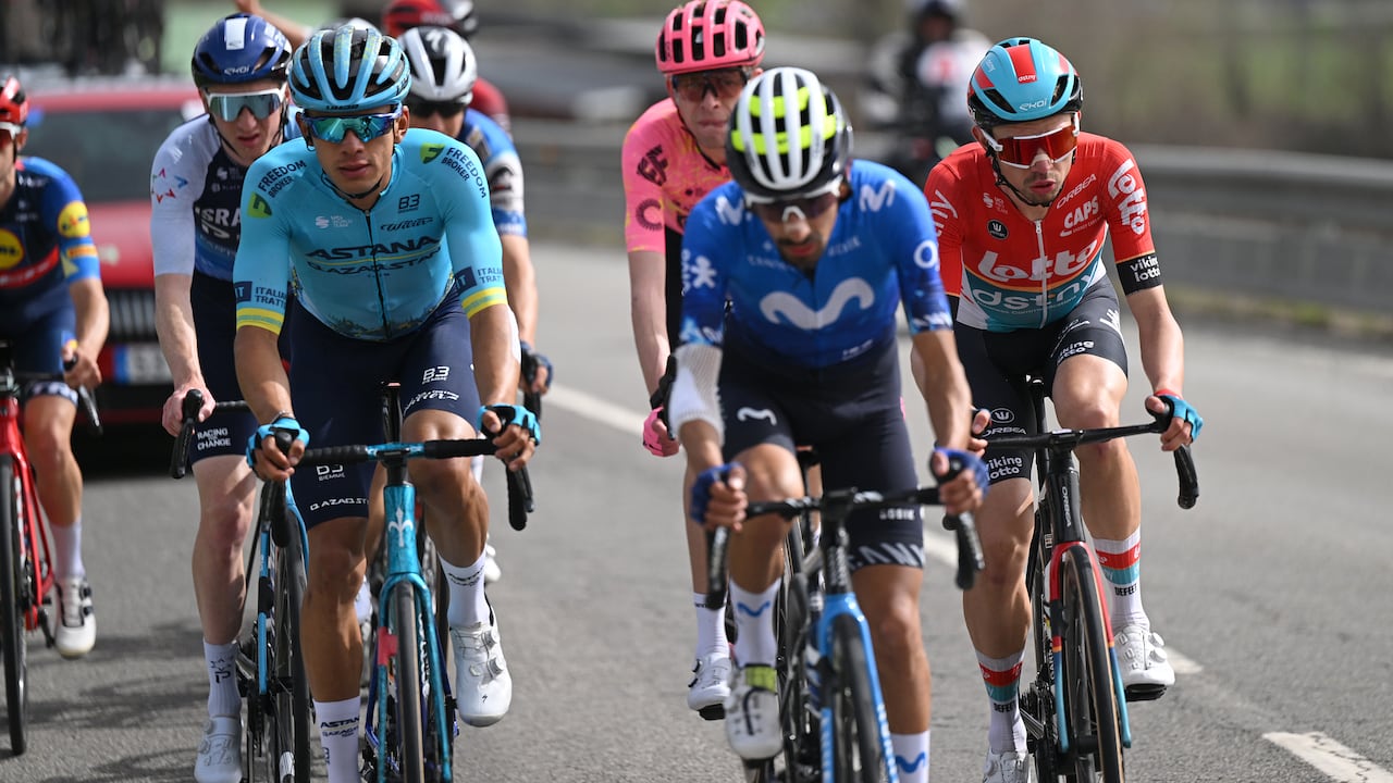 PORT AINE, SPAIN - MARCH 20: (L-R) Harold Tejada of Colombia and Team Astana-Qazagstan and Andreas Kron of Denmark and Team Lotto-Dstny compete in the breakaway during the 103rd Volta Ciclista a Catalunya 2024, Stage 3 a 176.7km stage from Sant Joan de les Abadesses to Port Aine 1967m / #UCIWT / on March 20, 2024 in Port Aine, Spain. (Photo by David Ramos/Getty Images)