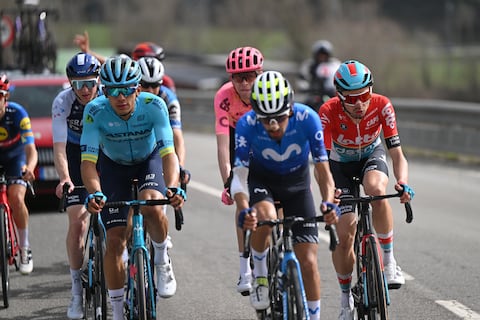 PORT AINE, SPAIN - MARCH 20: (L-R) Harold Tejada of Colombia and Team Astana-Qazagstan and Andreas Kron of Denmark and Team Lotto-Dstny compete in the breakaway during the 103rd Volta Ciclista a Catalunya 2024, Stage 3 a 176.7km stage from Sant Joan de les Abadesses to Port Aine 1967m / #UCIWT / on March 20, 2024 in Port Aine, Spain. (Photo by David Ramos/Getty Images)