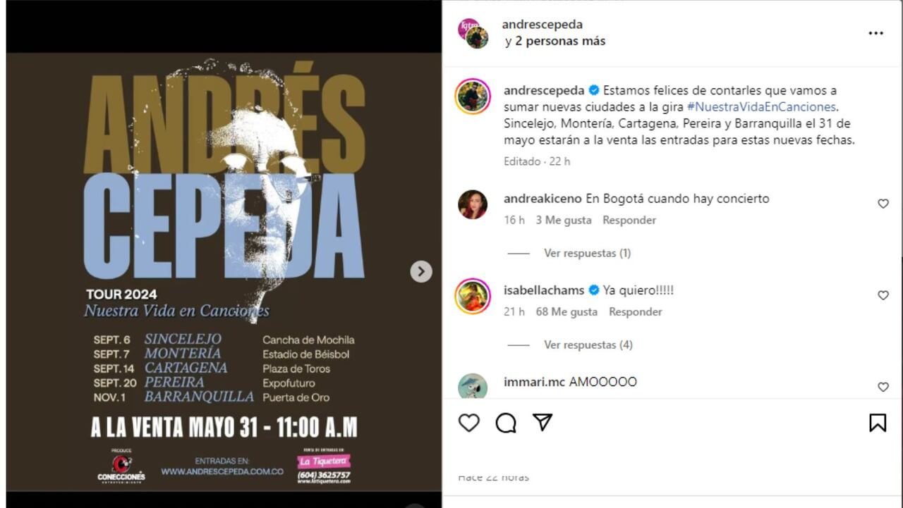 Andrés Cepeda anunció nuevas fechas para su tour en Colombia: estas son las ciudades donde sorprenderá a sus fans